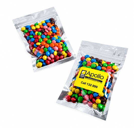 Silver Zip lock bag with Mini M&Ms